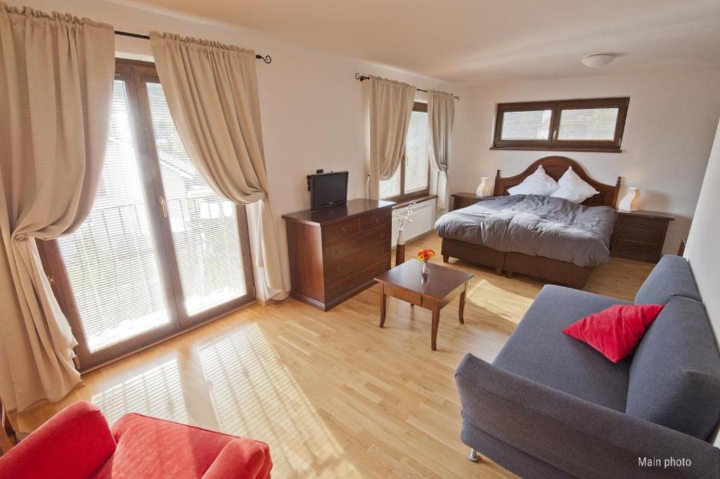 ein Wohnzimmer mit einem Bett und einem blauen Sofa in der Unterkunft Villa Vinica in Limbach