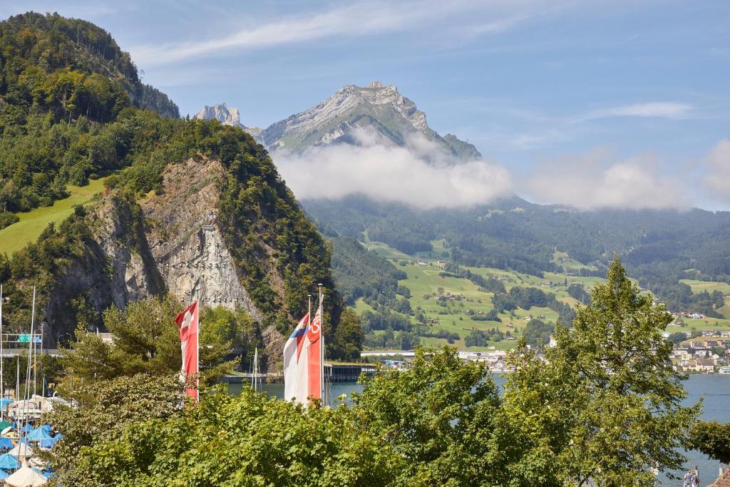 a mountain with two flags in front of a body of water at Hotel Winkelried am See in Stansstad