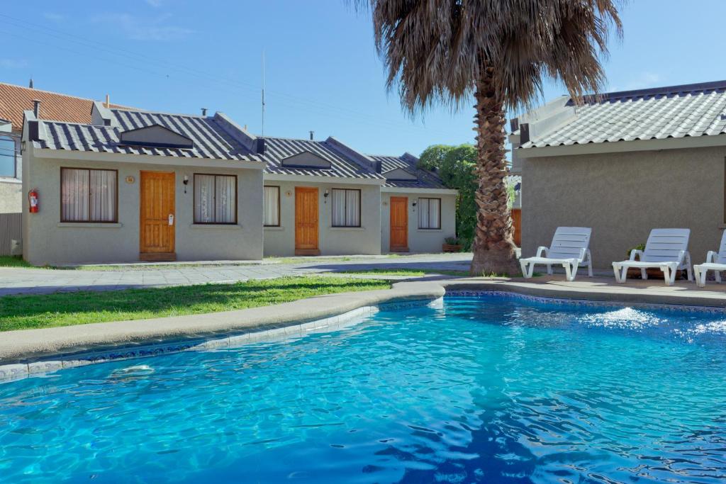 a swimming pool in front of a house with a palm tree at Cabañas Campanario in La Serena