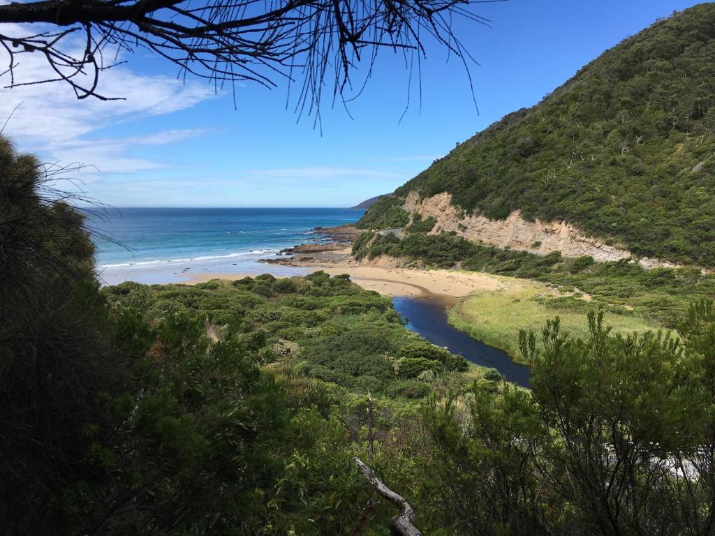 a view of the ocean from a hill with a beach at Cumberland River Holiday Park in Lorne