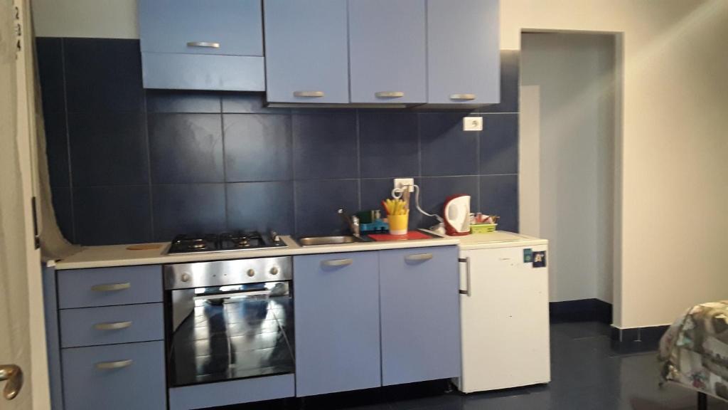 a small kitchen with a stove and blue cabinets at Archimede in Pavia