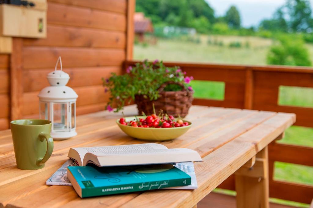 a table with a book and a bowl of strawberries on it at DOMKI Kolonia Leśna z sauną in Wünschelburg