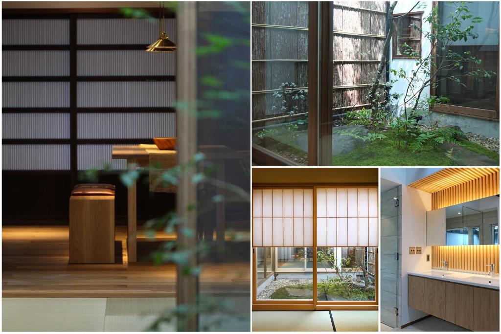 un collage de photos d'un bâtiment avec fenêtres dans l'établissement HANARé Miyagawacho, à Kyoto