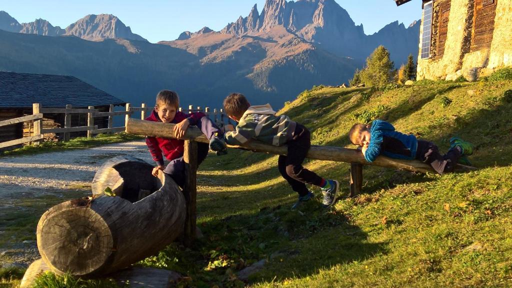 a group of children sitting on a log on a hill at Hotel Serenella in Canale San Bovo