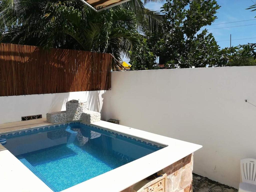 a swimming pool in front of a white wall at Casita Aurora in Chemuyil