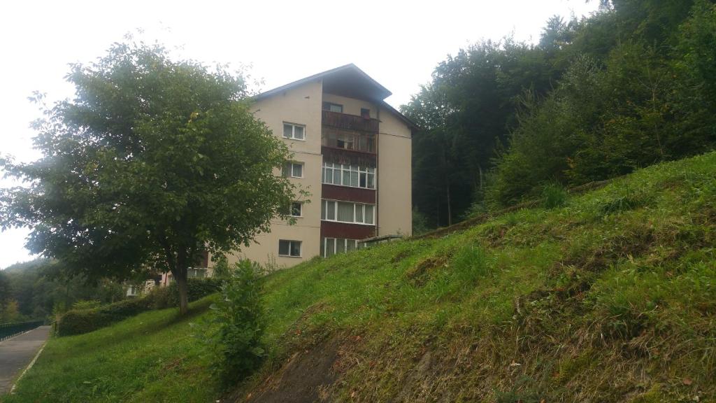 un edificio en una colina al lado de una carretera en M&F APARTAMENT JEPILOR, en Brasov