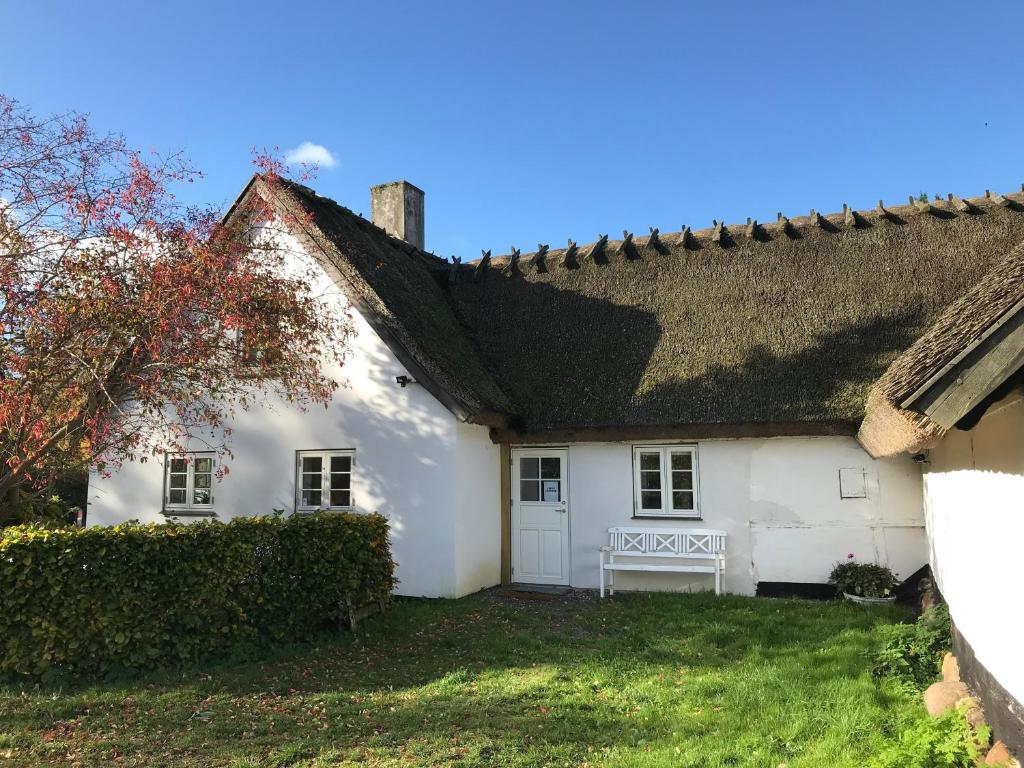 Biały dom z dachem krytym strzechą w obiekcie Apple Cottage w mieście Vejby