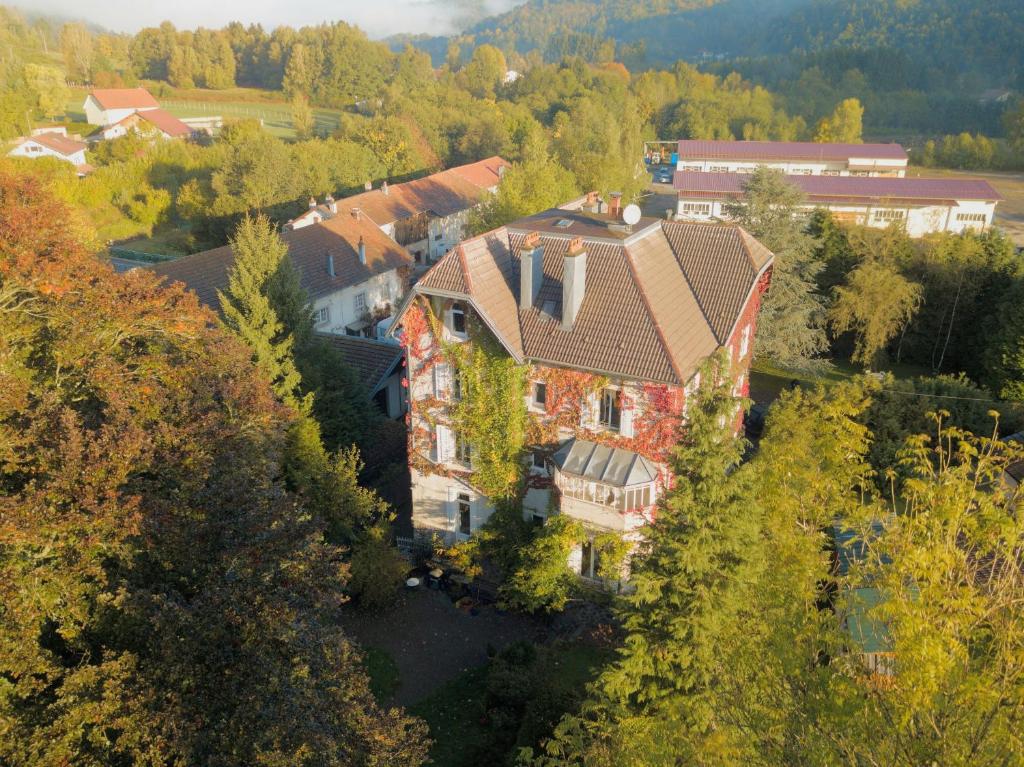 - une vue aérienne sur une grande maison dans une forêt dans l'établissement Chateau du Pont Jean, à Fresse-sur-Moselle