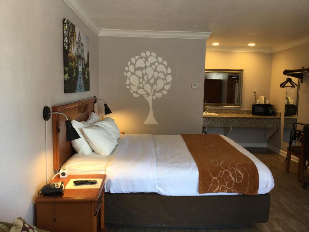 a hotel room with a bed with a tree on the wall at Journey Inn in Woodland