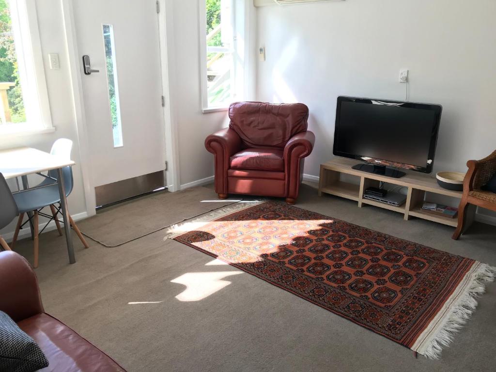 uma sala de estar com uma cadeira e uma televisão em Sycamore Villa, 2 bedroom apartment em Dunedin