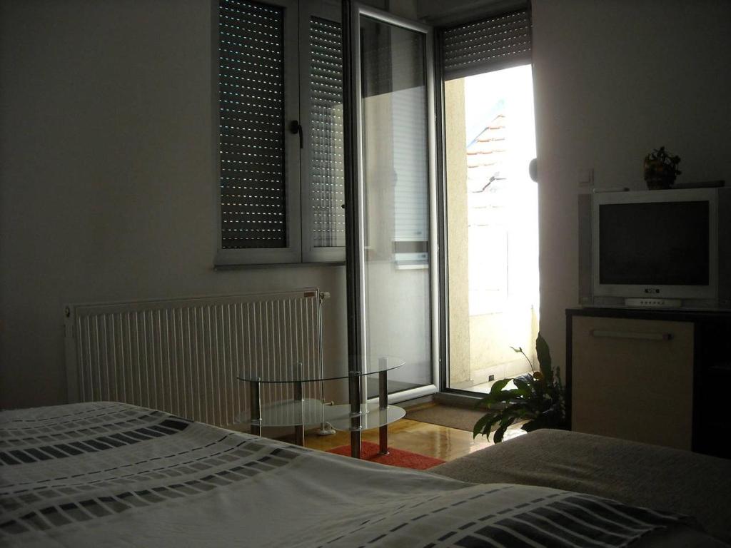 Schlafzimmer mit einem Bett, einem TV und einem Fenster in der Unterkunft Central Studio Apartment in Novi Sad