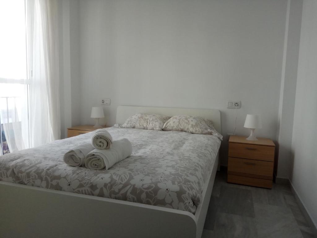 ヘレス・デ・ラ・フロンテーラにあるApartamento Plaza del Caballoのベッドルーム1室(ベッド1台、タオル2枚付)