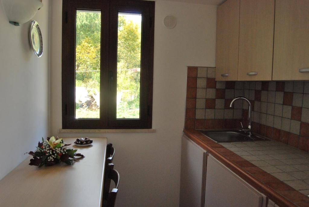 a kitchen with a counter with a sink and a window at Arzuni B&B in Civitella Roveto