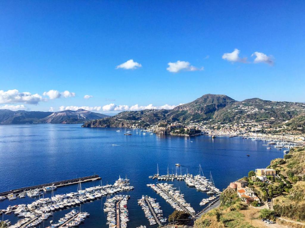 an aerial view of a harbor with boats in the water at Casa Elisa Lipari in Lipari