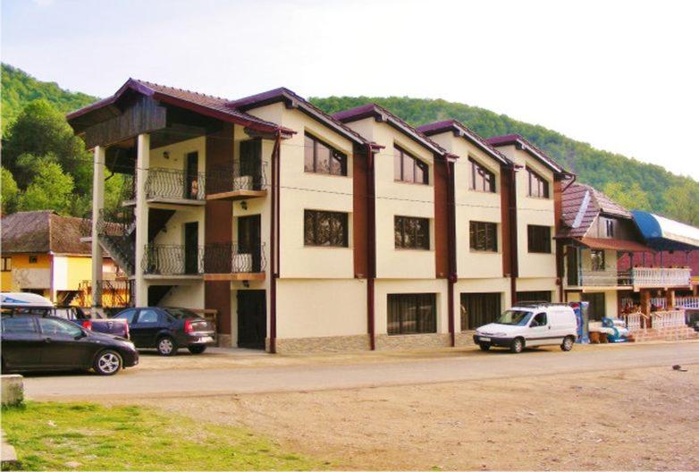 a large building with cars parked in front of it at Pensiunea Mirela Peștera Urșilor in Chişcău