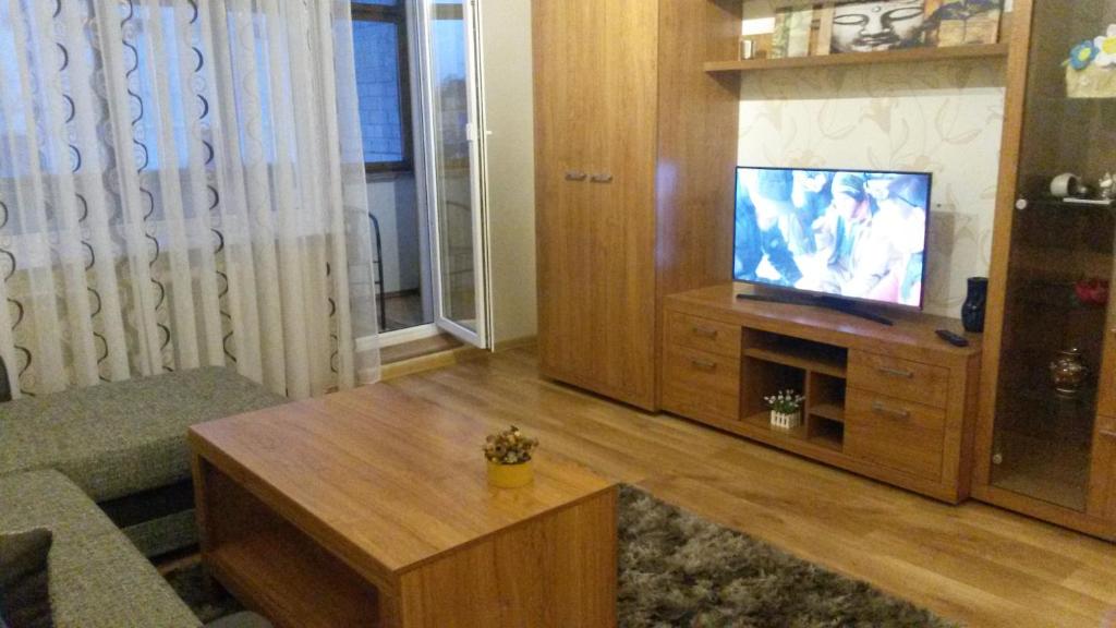 a living room with a television on a wooden entertainment center at Fishingport in Klaipėda