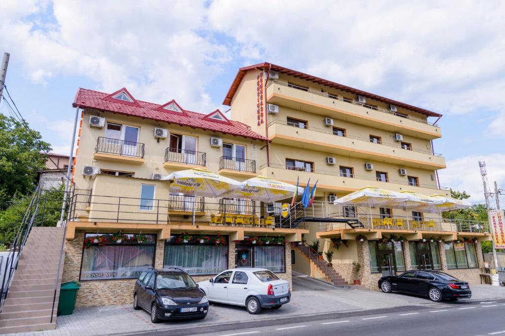 a building with cars parked in front of it at Pensiunea Domneasca in Piteşti