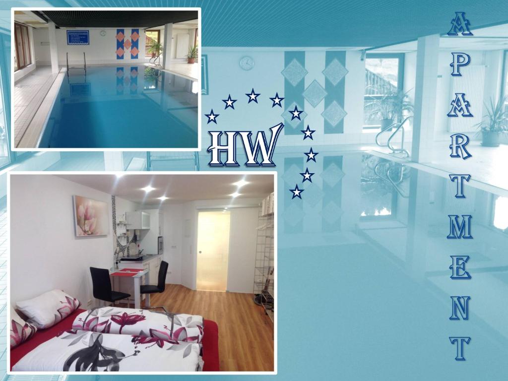 un collage de photos d'une chambre avec piscine dans l'établissement Ferienwohnung Sasbachwalden mit Sauna und beheiztem Innenpool, à Sasbachwalden