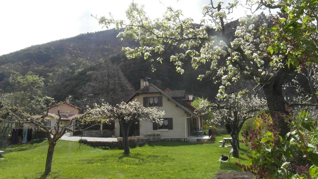 una casa en medio de un patio con árboles en Au Vieux Tilleul, en Veynes