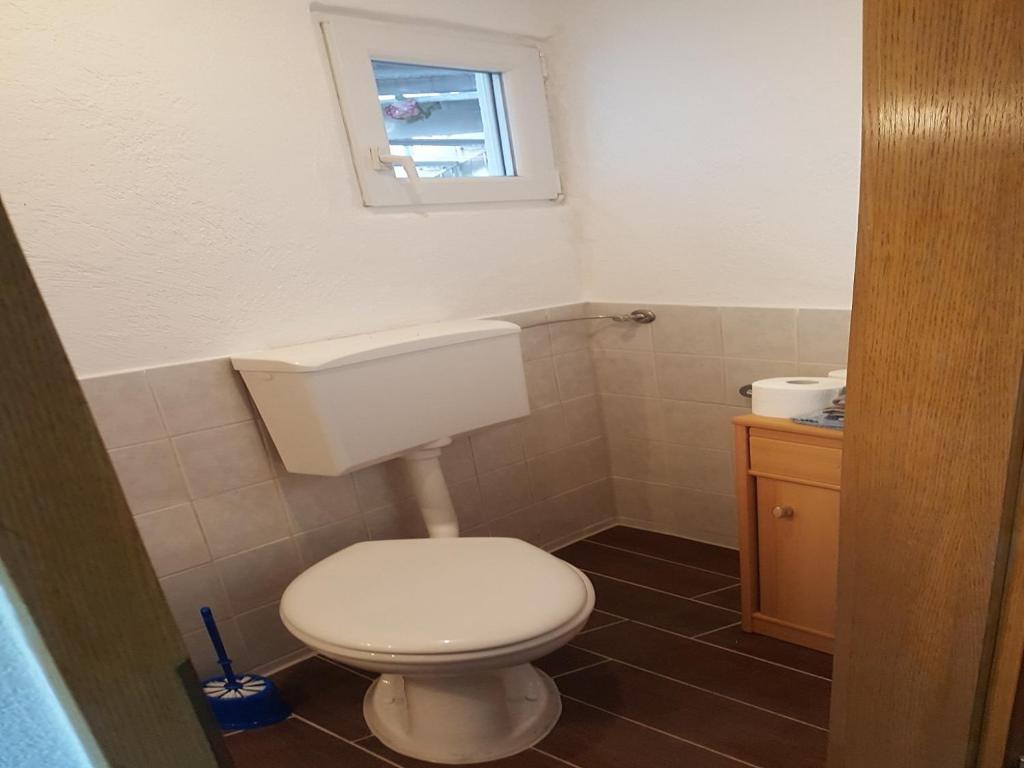 een badkamer met een wit toilet en een raam bij Ferienwohnung Dilara in Immenstadt im Allgäu