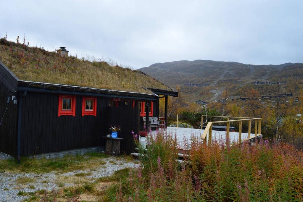 una casa negra con ventanas rojas y una colina en Haukeli Mountain Cabin, en Vågsli