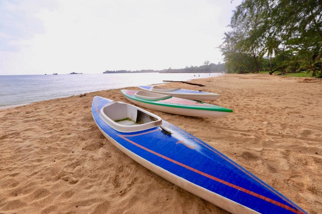a row of kayaks sitting on the beach at Vung Bau Resort in Phú Quốc