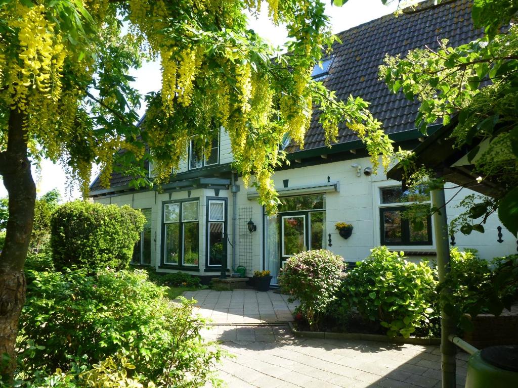 uma casa branca com janelas e arbustos à sua frente em Het Burgemeestershuis em Barsingerhorn