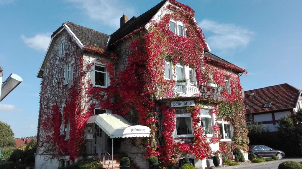 ein mit rotem Efeu bedecktes Gebäude in der Unterkunft Hotel Pellmühle in Jever