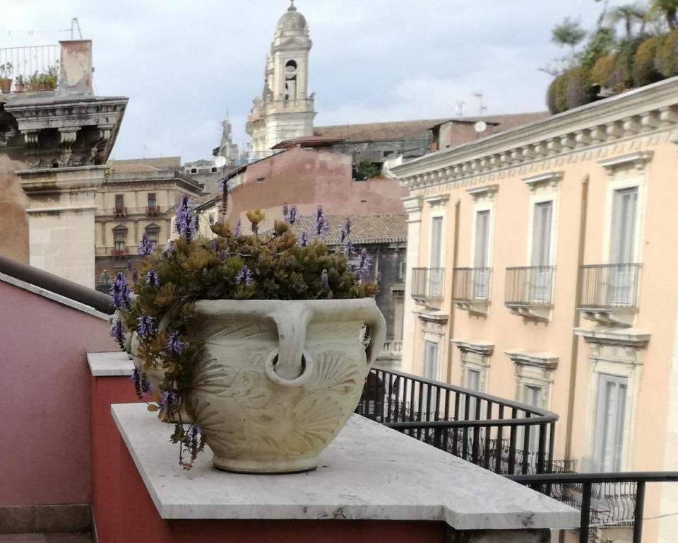 un jarrón lleno de flores sentado en una cornisa en Altevolte Rooms, en Catania