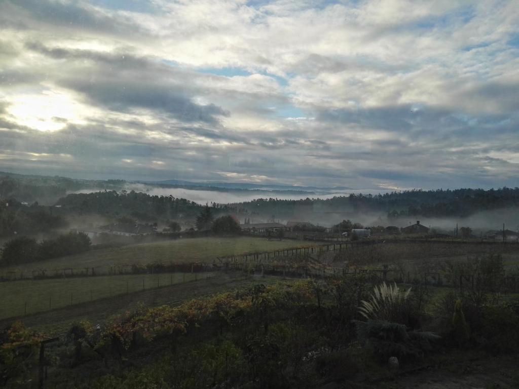 une vue sur un champ avec brouillard au loin dans l'établissement A Casiña de Esther, à Teo