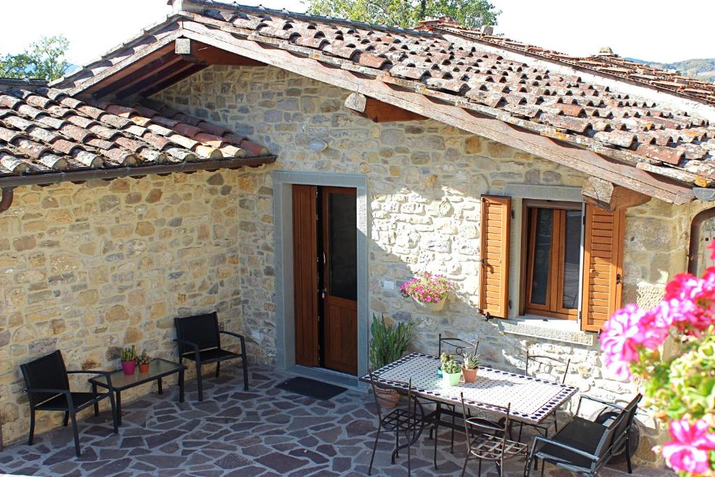 un patio con mesa y sillas frente a un edificio en Agriturismo Mandrioli, en Pratovecchio