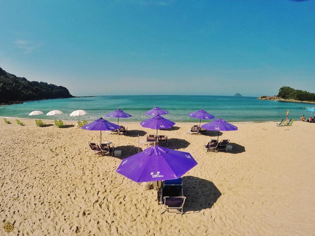 Coco Bambu Cambury في كامبوري: مجموعة من المظلات الأرجوانية والكراسي على الشاطئ