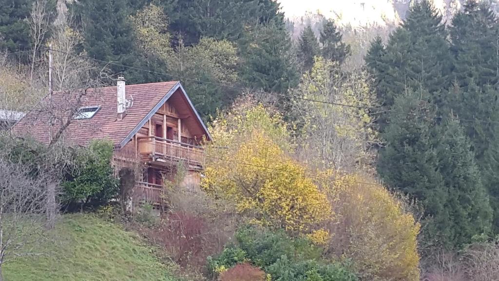 una casa al lado de una colina con árboles en Gite rural les Combes, en Thorens-Glières