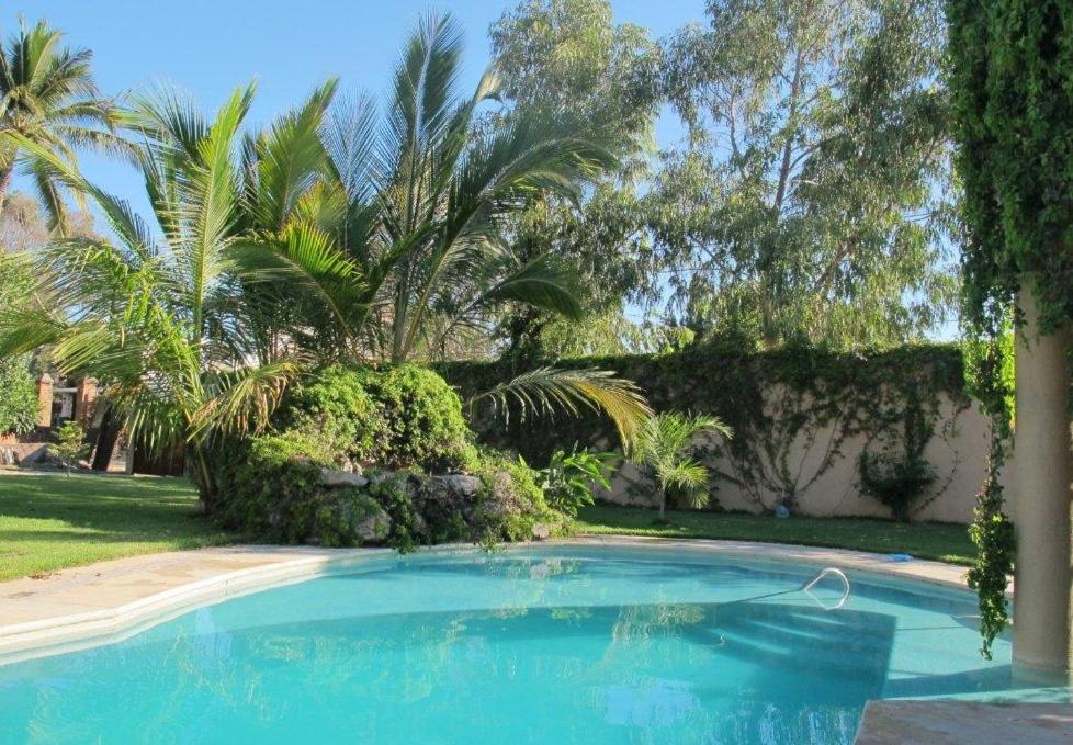 una piscina en un patio con palmeras en Casa La Kasbah, en Cruz de Huanacaxtle