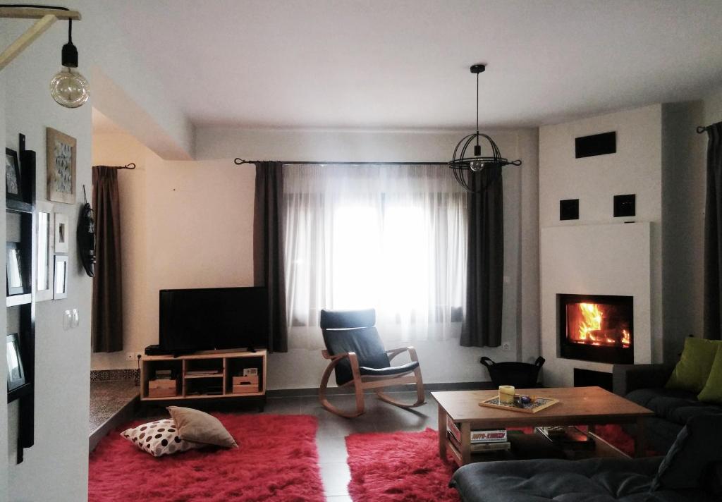 a living room with a couch and a fireplace at Diaselo 1500m in Samarína