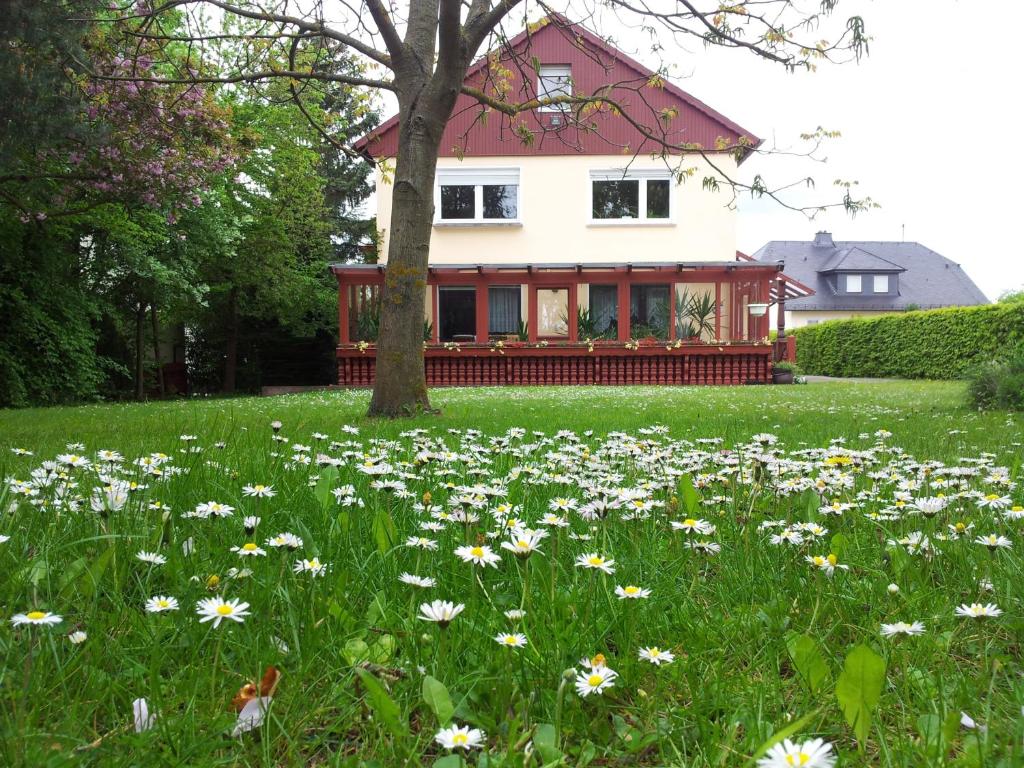 un champ de fleurs devant une maison dans l'établissement Ferienwohnungen Gronen, à Boppard
