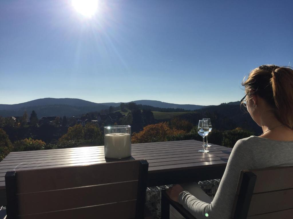 a woman sitting at a table with a glass of wine at Lina's Ferienwohnungen - zwei moderne FeWos mit Sauna im Haus und fantastischem Ausblick in Sankt Andreasberg