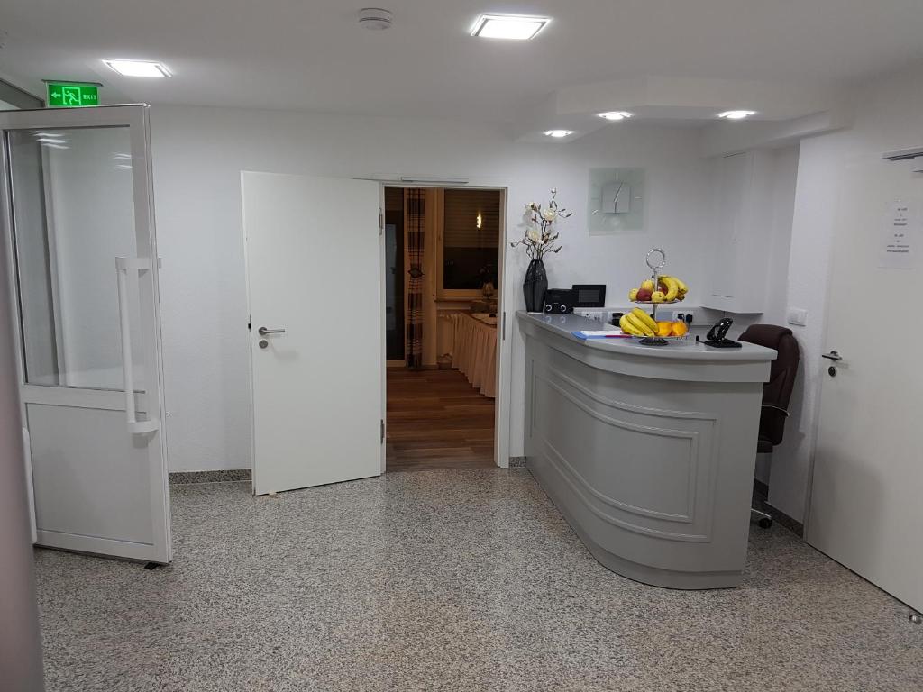 a kitchen with a counter in the middle of a room at Hotel Soad in Salach
