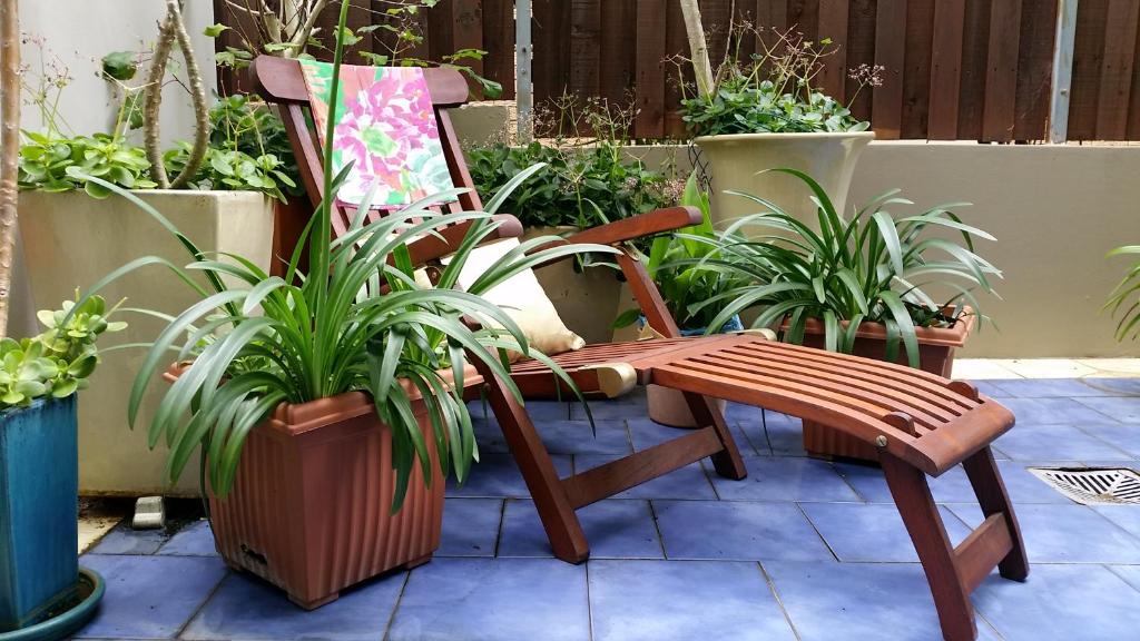 a wooden chair sitting on a patio with plants at Narrabeen Beachside Townhouse in Sydney