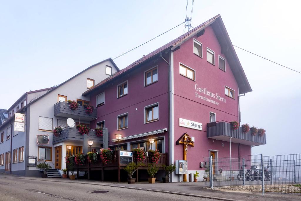um edifício cor-de-rosa ao lado de uma rua em Hotel Gasthof Stern em Nusplingen
