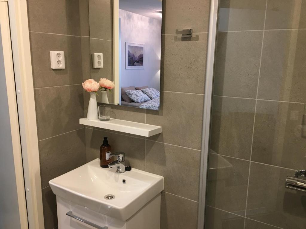 La salle de bains est pourvue d'un lavabo, de toilettes et d'un miroir. dans l'établissement Lahti City Home, à Lahti