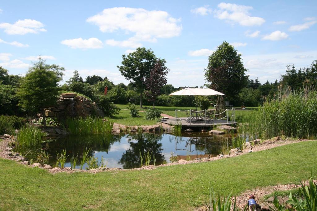 um lago com um barco no meio de um campo em Landhaus Hof-Schlenstedt em Stadtallendorf