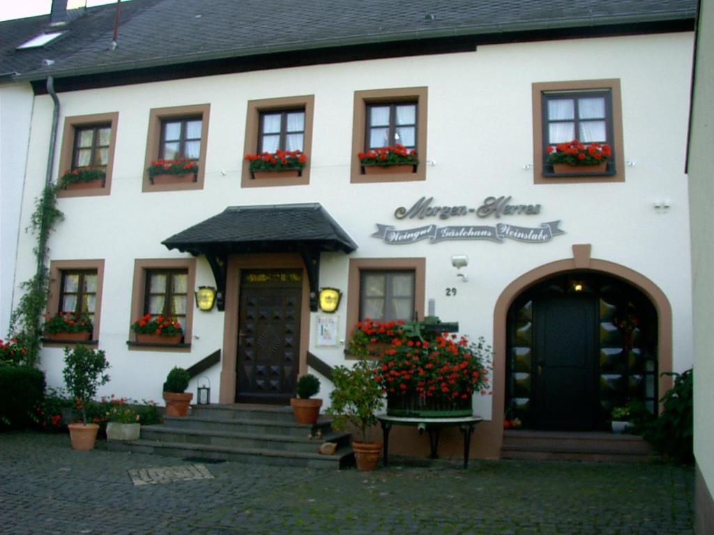 a white building with flowers on the front of it at Appartement Schepper's in Trier