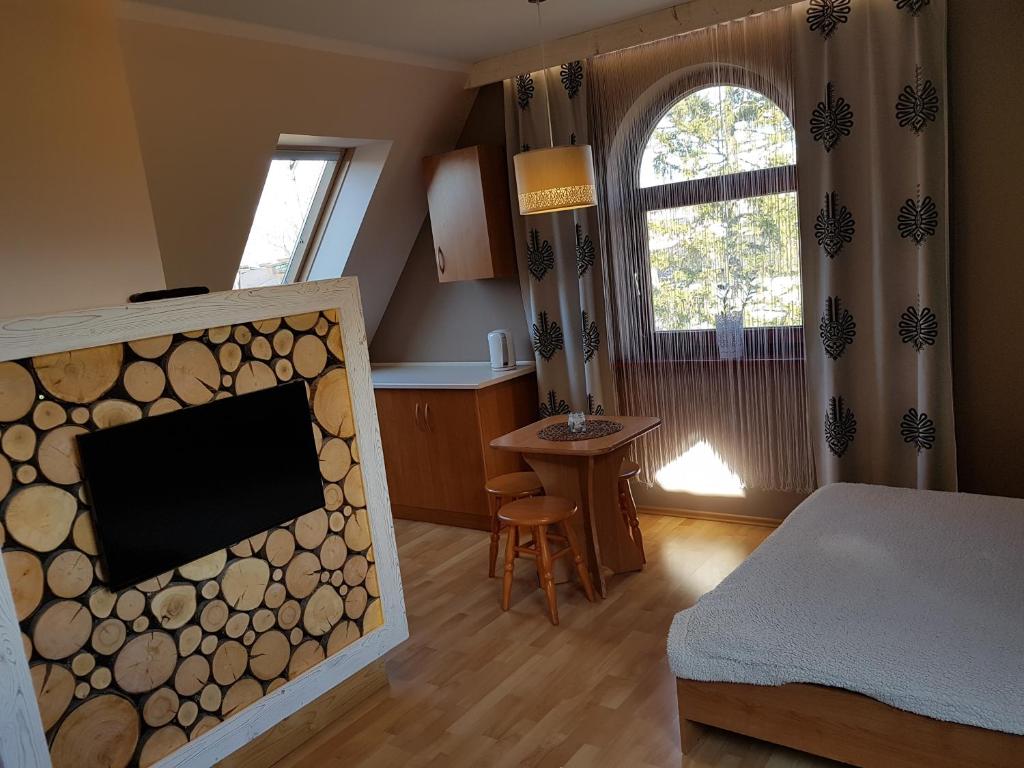 salon z kominkiem i telewizorem w obiekcie Pokoje Gościnne Trebunia w Zakopanem