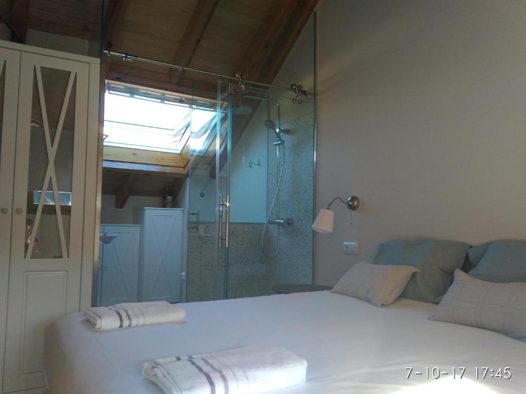 a bedroom with a bed and a glass shower at Tu casita de la Senda del Oso in Proaza