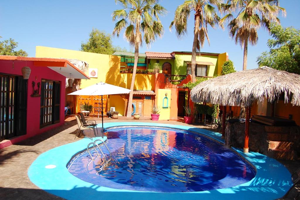 a swimming pool in front of a house with palm trees at Leo's Baja Oasis in La Paz