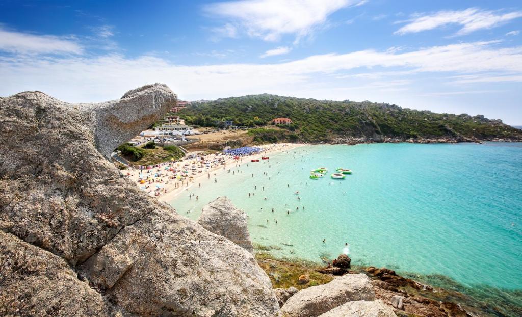 grupa ludzi w wodzie na plaży w obiekcie Splendido mono vista mare con wi fi a 100 mt da spiaggia w mieście Santa Teresa Gallura