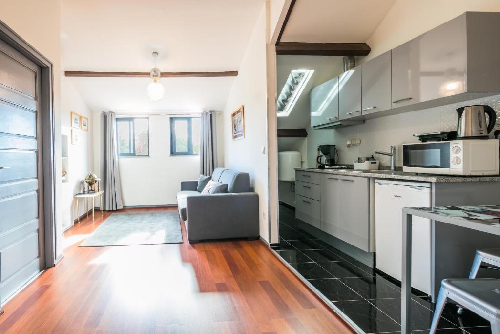 een keuken met roestvrijstalen apparatuur en een woonkamer bij Apartamento À Francos Attic in Porto
