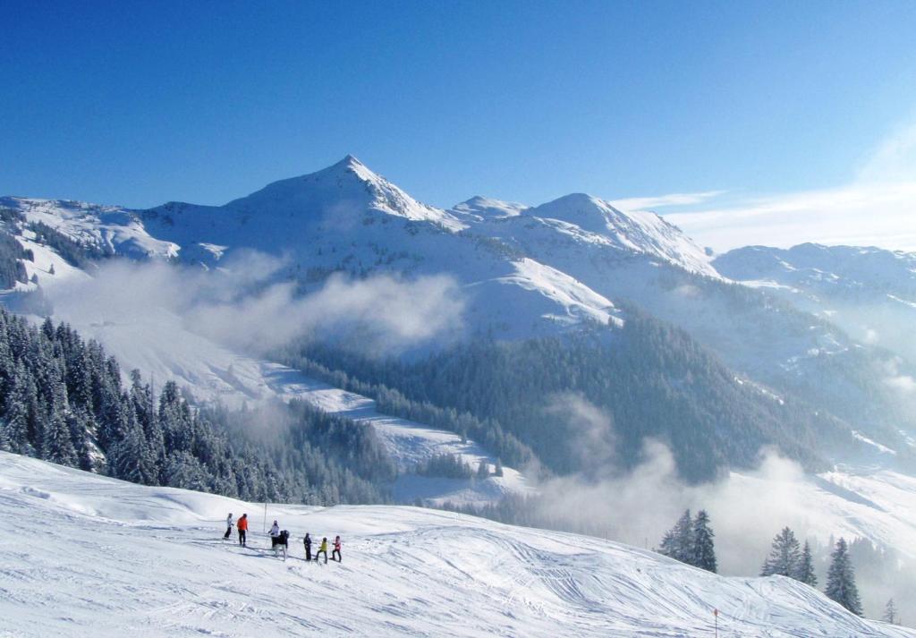 a group of people skiing down a snow covered mountain at Haus Tirol in Brixen im Thale