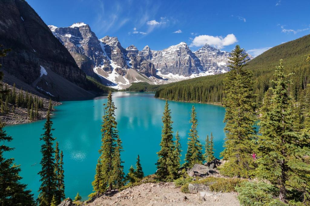 a view of moraine lake in the canadian rocky mountains at Moraine Lake Lodge in Lake Louise